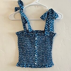 Nasty Gal Blue & White Floral Print Smocked Tie Strap Tank Top Small